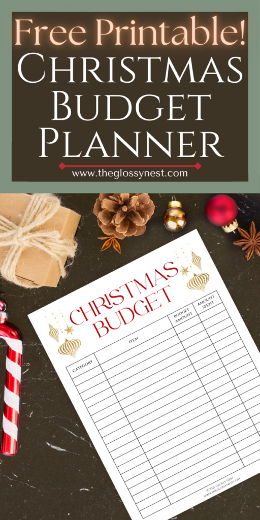 Christmas budget planner on a table with a wrapped gift, candy cane, and holiday decorations. Text reads "Free Printable! Christmas Budget Planner" from "theglossynest.com.