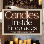 An elegant display of candles in a fireplace. The top fireplace features an ornate wrought iron rack with lit candles. The bottom fireplace has candles surrounded by greenery. Text overlay reads "Candles Inside Fireplaces" and a website link.