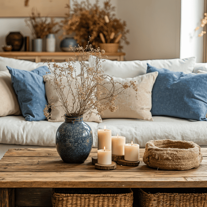 A cozy living room with a wooden table featuring a blue vase with dried flowers, lit candles, and a woven basket. In the background, a white sofa is adorned with beige and blue cushions, creating a warm and inviting atmosphere.