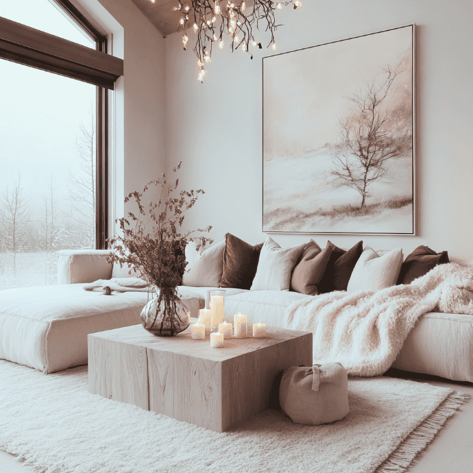 A cozy living room with a large sectional sofa adorned with brown and cream pillows. A wooden coffee table holds lit candles and a vase with dried flowers. A snowy landscape painting hangs on the wall, and a large window offers a view of snow-covered trees.