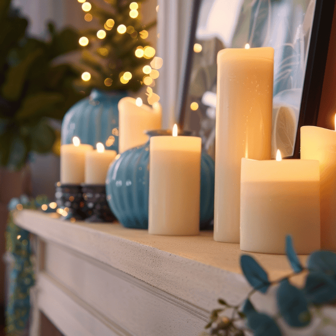 A cozy mantel display with various lit candles and blue ceramic vases. The warm glow from the candles creates a tranquil atmosphere. Soft, out-of-focus lights in the background enhance the festive and peaceful setting.