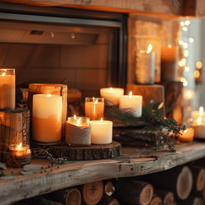 A cozy arrangement of lit candles of various sizes and colors sits on a rustic wooden mantel. In the background, twinkling fairy lights add a warm glow, creating a serene and inviting atmosphere. Greenery is artfully placed around the candles.