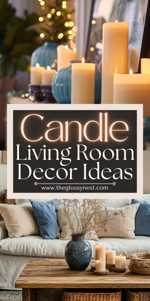 A cozy living room scene features a wooden coffee table with lit candles and a blue vase with dried flowers. In the background, there are more candles, fairy lights, and a sofa with cushions. Text reads: "Candle Living Room Decor Ideas - www.theGlossyNest.com.