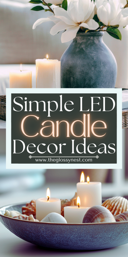 A cozy scene with a vase of white flowers and glowing LED candles alongside a bowl of shells and candles. Text overlay reads: "Simple LED Candle Decor Ideas" from "theglossynest.com".