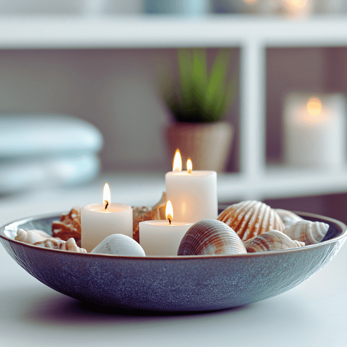 A decorative bowl filled with seashells and four lit candles sits on a table. The background features blurred shelves with another lit candle and a small plant, creating a serene and cozy atmosphere.