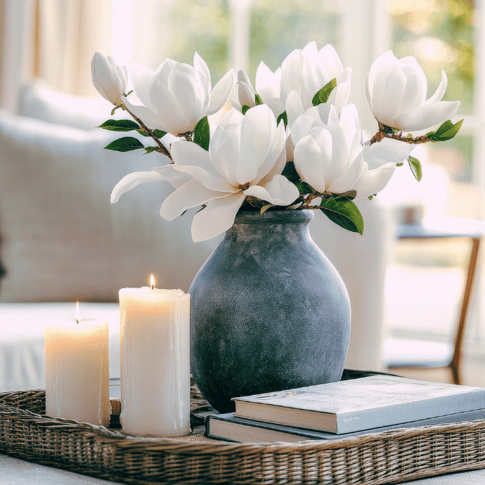 A charcoal gray vase holds white magnolia flowers, placed on a wicker tray with two lit white candles and two closed books. The setting is cozy and sunlit, on a light-colored sofa.