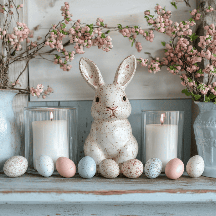 A speckled rabbit ornament is flanked by two lit candles, casting a soft glow on the shelf. Pink flowering branches surround the display, and pastel-colored speckled eggs are arranged in front, creating a lovely spring-themed scene perfect for Easter candle ideas.