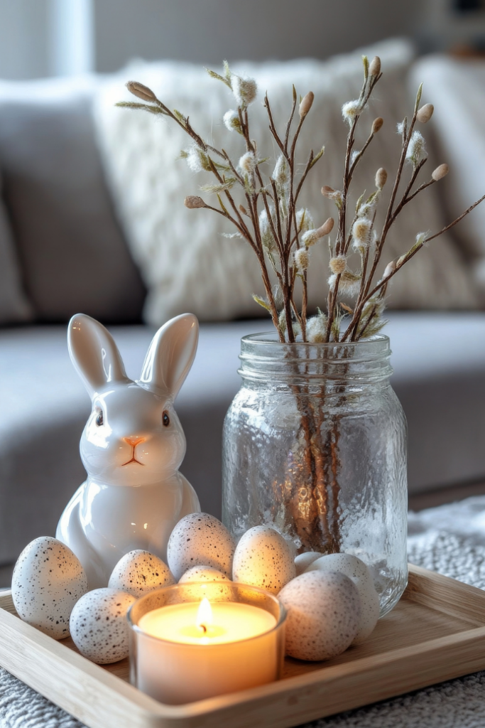 A cozy living room scene features a white ceramic rabbit next to a glass jar filled with pussy willow branches. Several speckled eggs and an Easter candle create a beautiful glow on a wooden tray, with a soft-focus couch in the background.