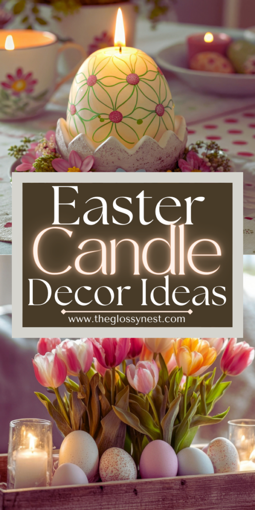 A decorative Easter centerpiece with a floral-patterned candle surrounded by flowers casts a soft, beautiful glow. Below, colorful tulips and pastel eggs are arranged with lit candles. A text overlay reads "Easter Candle Ideas" with a website URL.