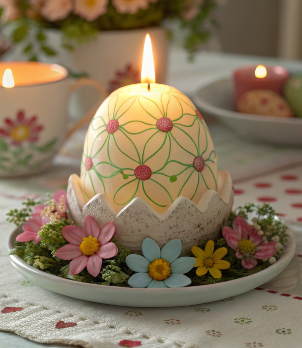 A decorated candle shaped like an egg, with floral patterns, sits in a cracked eggshell holder surrounded by colorful flowers. A beautiful glow tops the candle, casting warmth on the scene. Other candles and a floral mug are in the blurred background—perfect for Easter candle ideas.