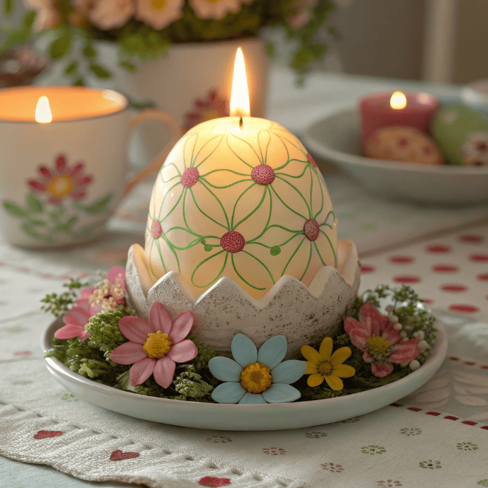 A decorated candle shaped like an egg, with floral patterns, sits in a cracked eggshell holder surrounded by colorful flowers. A beautiful glow tops the candle, casting warmth on the scene. Other candles and a floral mug are in the blurred background—perfect for Easter candle ideas.