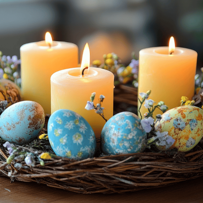 Three lit candles emit a beautiful glow, surrounded by a decorative wreath of flowers and colorful Easter eggs, featuring blue eggs with white daisies. This elegant arrangement sits on a wooden surface, providing inspiring Easter candle ideas against a softly blurred background.