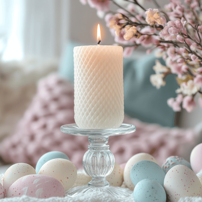 A lit white candle on a glass stand casts a beautiful glow, surrounded by pastel-colored eggs. Pink flowers in the background enhance the soft and festive atmosphere, perfect for Easter candle ideas.