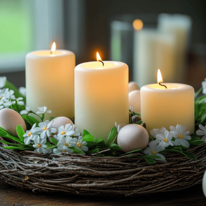 Three lit candles cast a soft glow, surrounded by small white flowers and pink eggs in a decorative nest on a wooden table, creating a warm, cozy ambiance—perfect for Easter candle ideas.