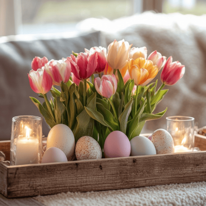 A beautiful wooden tray holds pink and orange tulips, surrounded by pastel-colored and speckled eggs. Two lit candles in glass holders create a soft glow, enhancing the warm, cozy ambience. The scene is softly lit by sunlight filtering through a window in the background, perfect for Easter candle ideas.