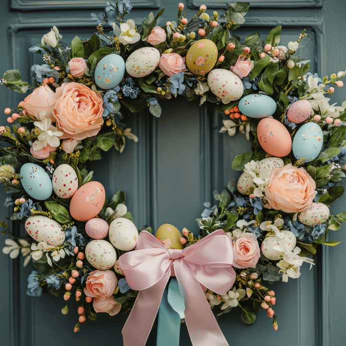 A colorful Easter wreath adorns a teal front door, showcasing pastel eggs, peach and pink roses, small white flowers, and lush green foliage. A large pastel pink and blue ribbon ties it all together. This delightful creation offers inspiring Easter wreath ideas for your festive decoration needs.