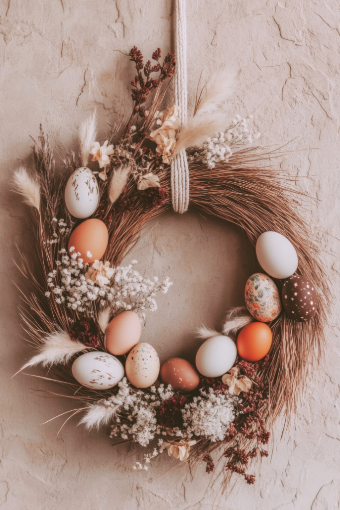 A decorative Easter wreath made of wheat stems, colorful eggs, dried flowers, and grasses adds festive charm. It hangs against a textured beige wall, offering rustic Easter wreath ideas for a vibrant front door.