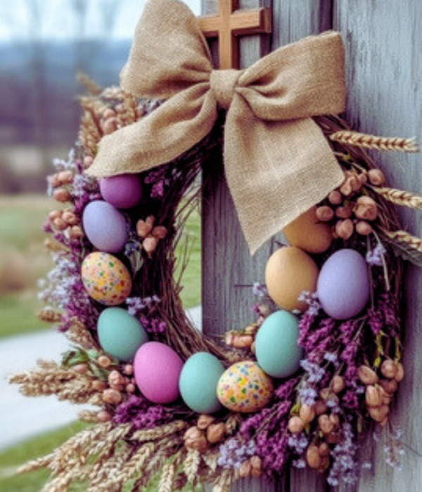 A charming Easter wreath featuring a burlap ribbon and cross, adorned with colorful eggs, purple flowers, and dry wheat, adding a festive touch to your colorful front door.