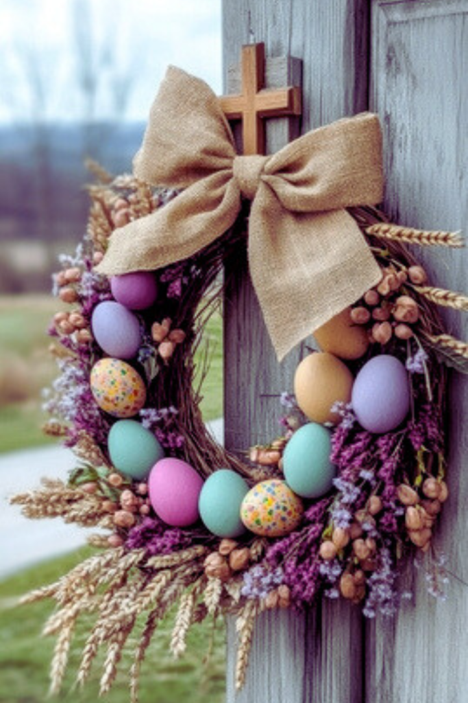 A charming Easter wreath featuring a burlap ribbon and cross, adorned with colorful eggs, purple flowers, and dry wheat, adding a festive touch to your colorful front door.