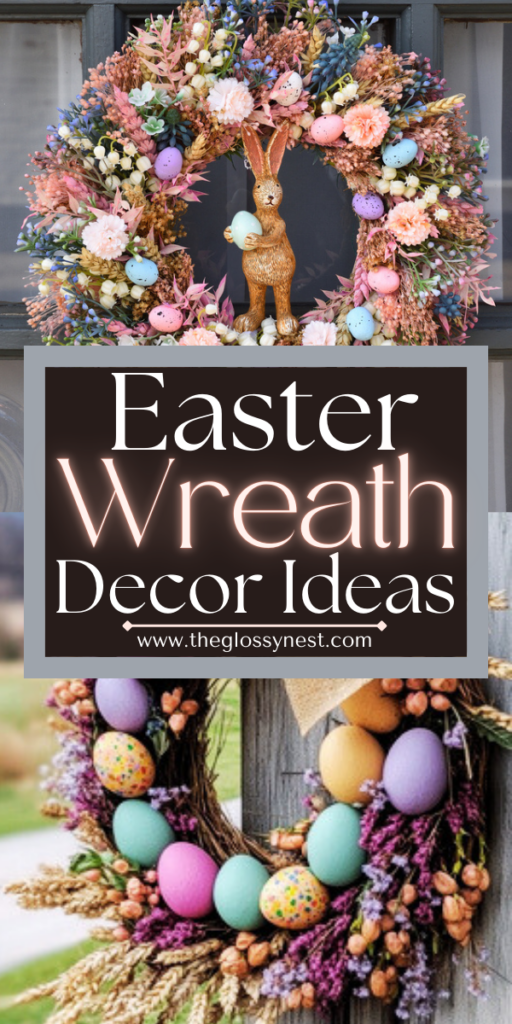 Colorful Easter wreaths adorned with flowers, eggs, and berries brighten your front door. A rabbit figurine sits at the center of one wreath. Text reads: "Easter Wreath Ideas" with the website "www.theglossynest.com.