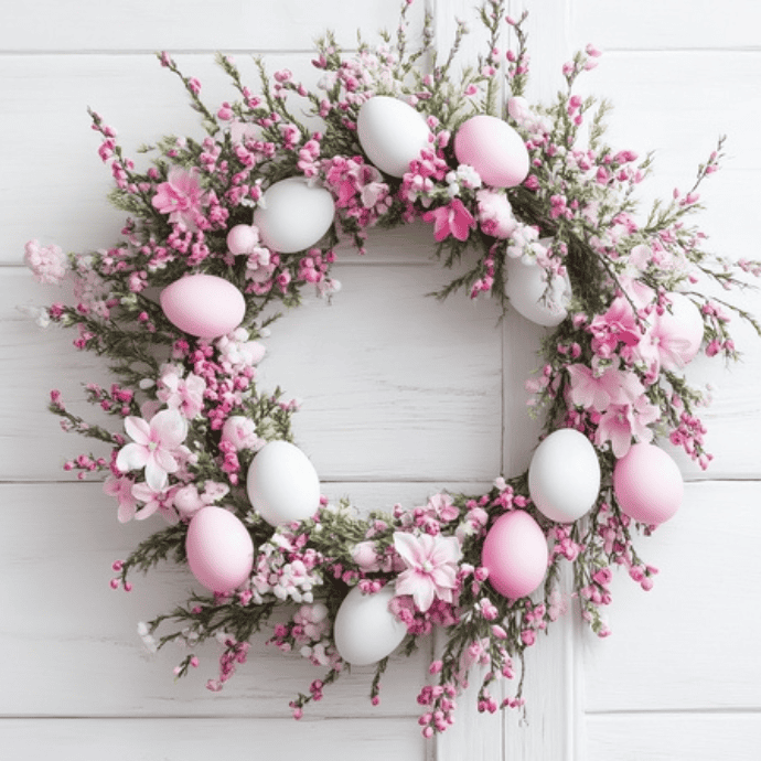 A delightful Easter wreath, made of pink and white flowers with green leaves and pastel pink eggs, adorns a white wooden wall. Its circular design exudes a springtime, festive vibe—perfect for those seeking colorful front door inspiration.