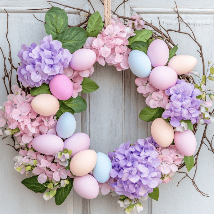 A decorative Easter wreath of pink and purple hydrangeas with intertwined branches, featuring pastel-colored eggs in pink, blue, and purple nestled among the flowers. This vibrant wreath adds charm to any colorful front door, perfect for seasonal decor inspiration.